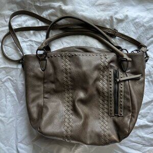 Vegan Leather Taupe Woven Studded Crossbody Bag